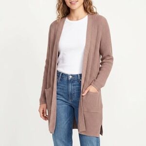 Gap Cardigan Sweater Women Medium Brown Knit Open Front Pockets Side Slit Ribbed